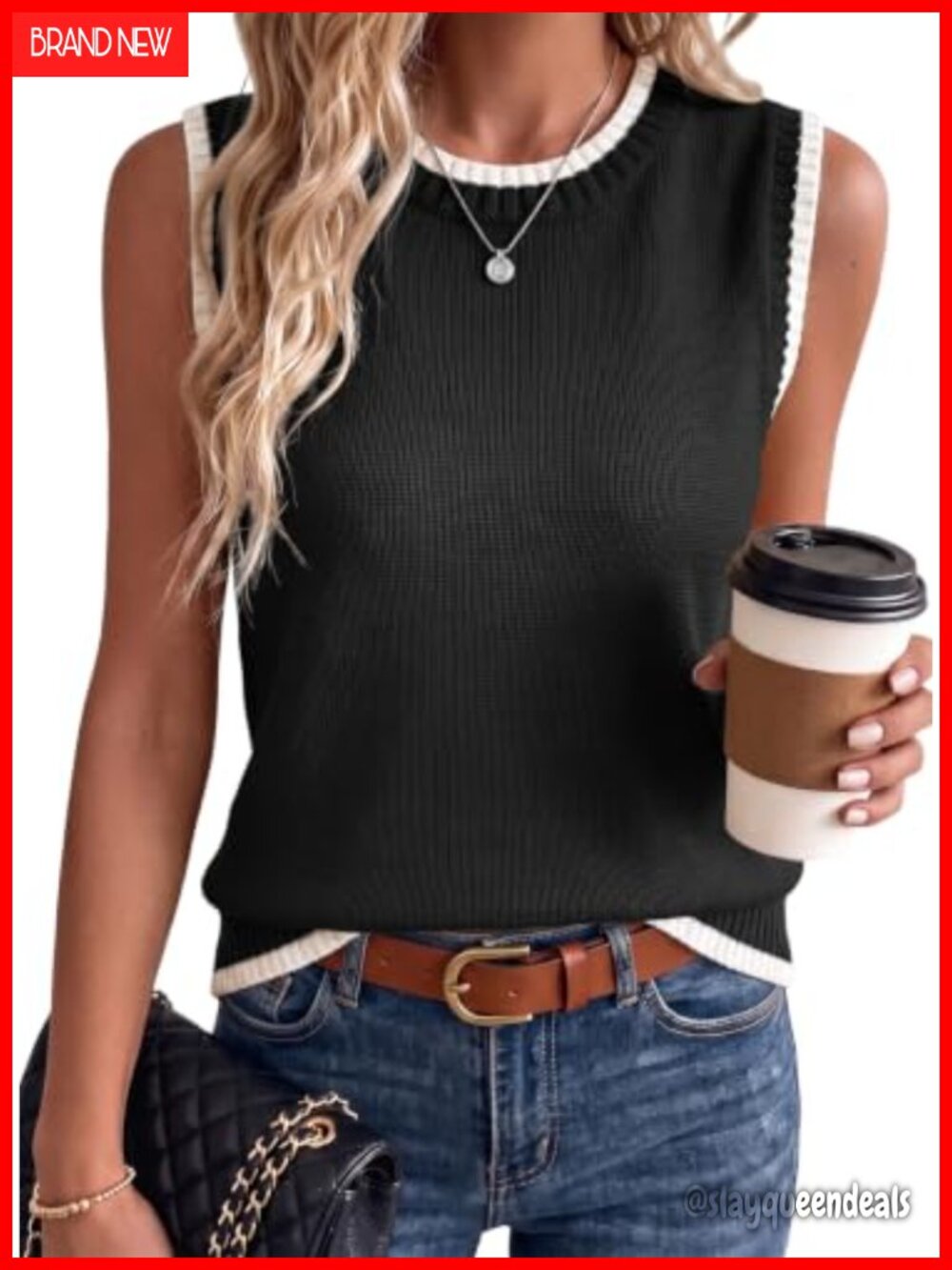 100% Cotton Knit Sweater Vest Sleeveless Crew Neck Relaxed Fit Top